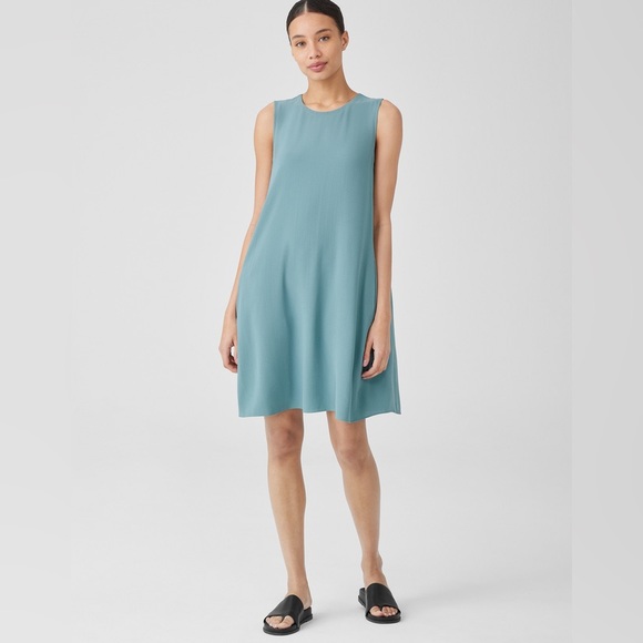 NWT Eileen Fisher Silk Georgette Crepe Round Neck Dress - Picture 1 of 6